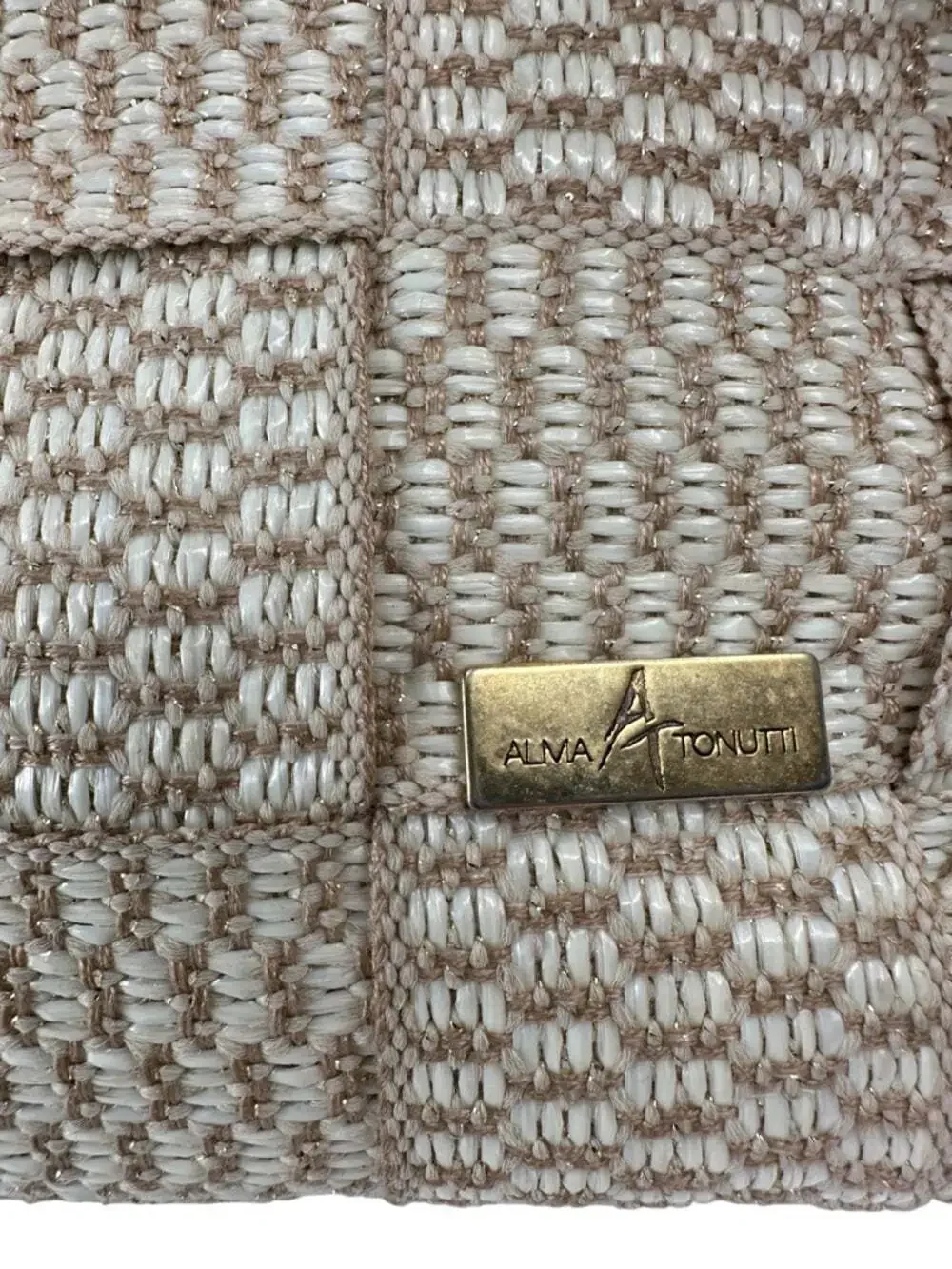 Alma Tunutti Woven Satchel Beige Top Handle Crossbody Wooden Handle Bag